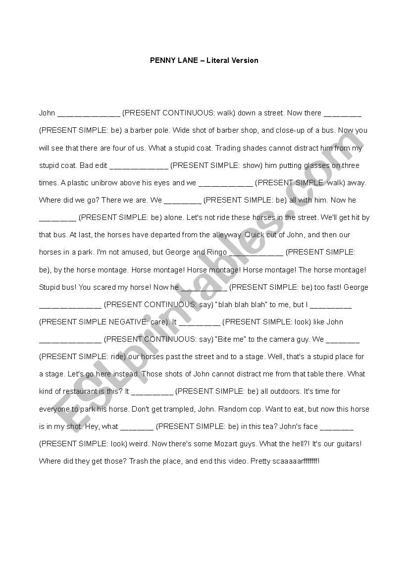Penny Lane - Literal Version (worksheet) [Present Simple - Present Continuous]